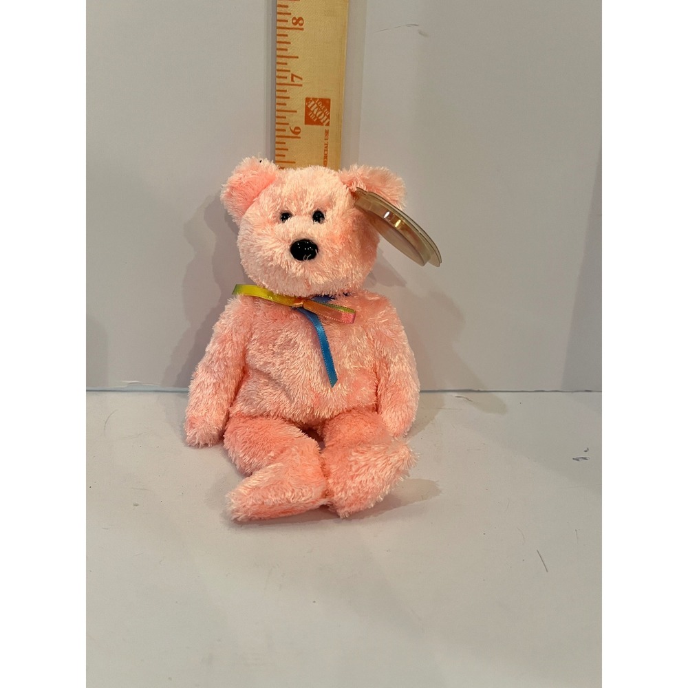Ty Beanie Baby Sherbet Bear Peach Pink Plush Rainbow Ribbon 2002 8.5in